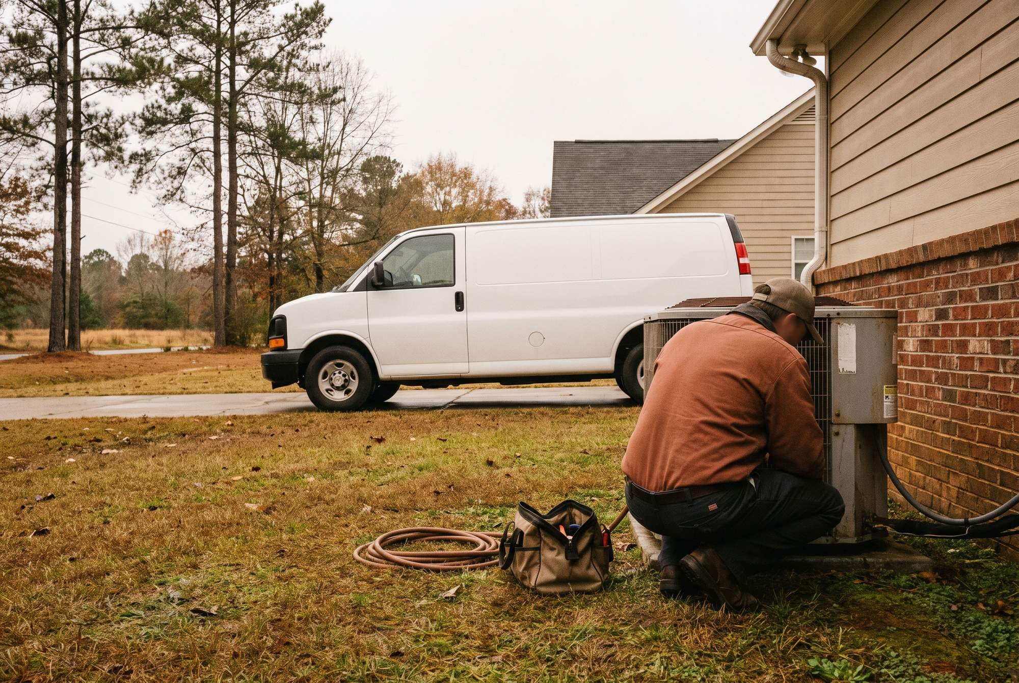 A technician crouched at an outdoor condensing unit beside a house, with a service van at the curb behind him.