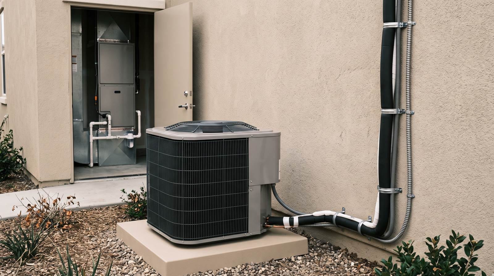 A new condensing unit on a fresh pad with the line set run up the wall and a new drain assembly beyond.