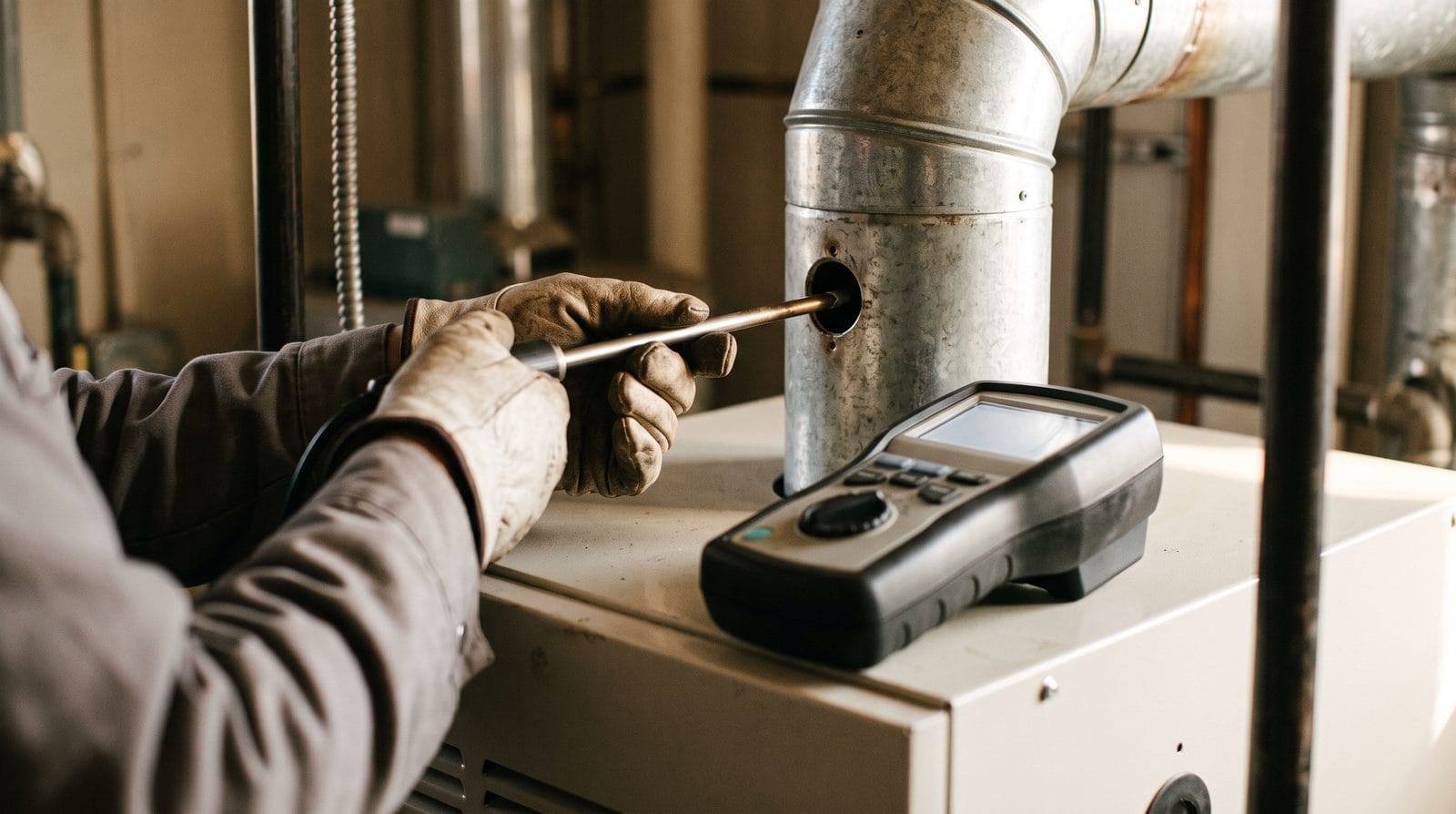 A combustion analyzer probe held in a drilled test port in the flue above a clean furnace, the instrument resting on the cabinet.