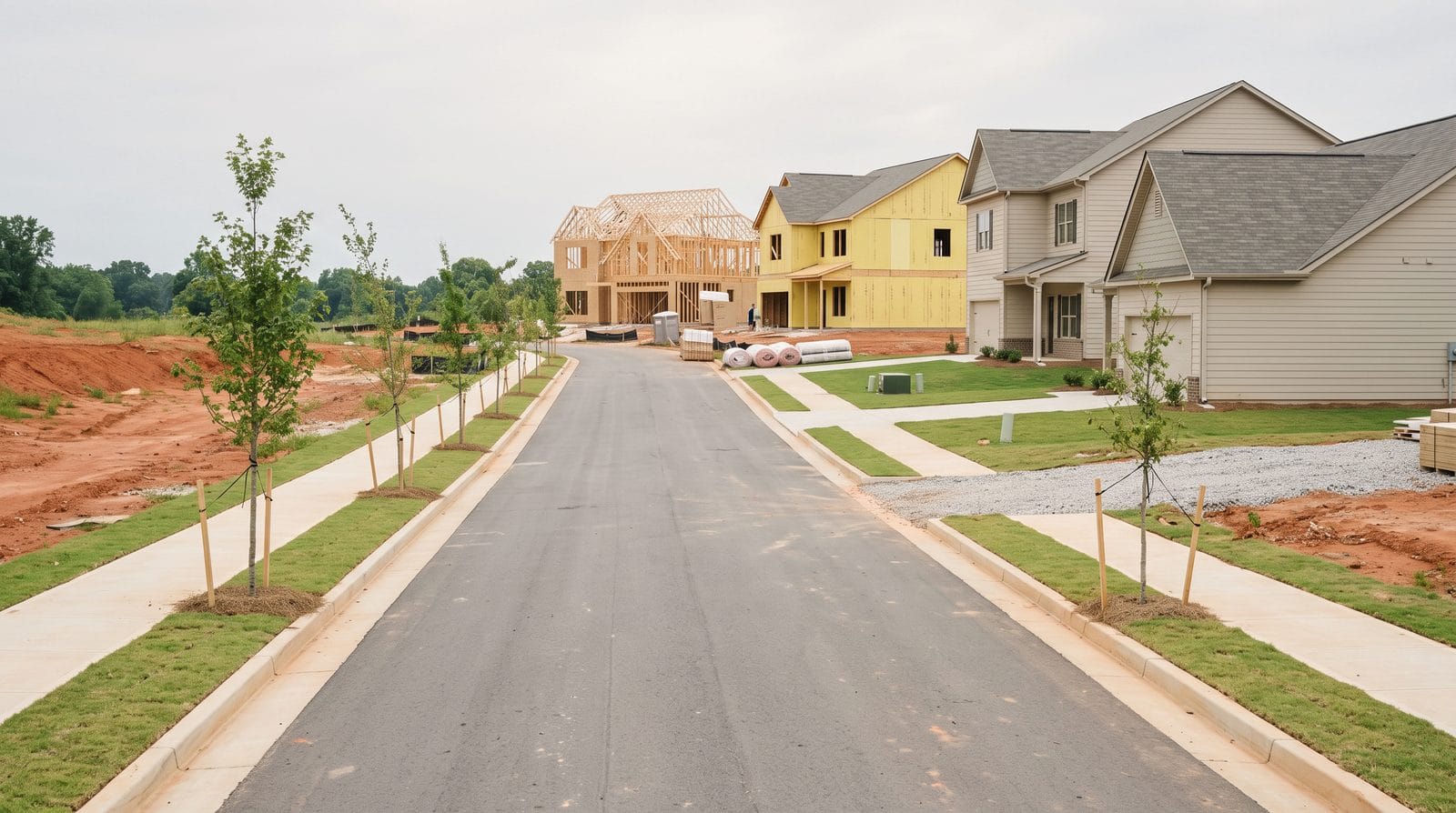 A subdivision street still being built out, the near houses finished and the far lots still in bare framing.