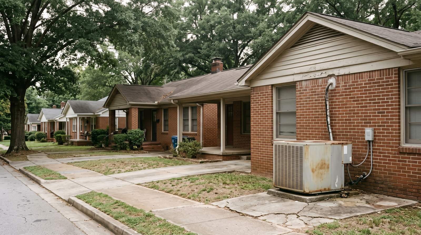 An older in-town street of brick cottages, with an outdoor unit a generation older than the rest of the picture at the nearest gable end.
