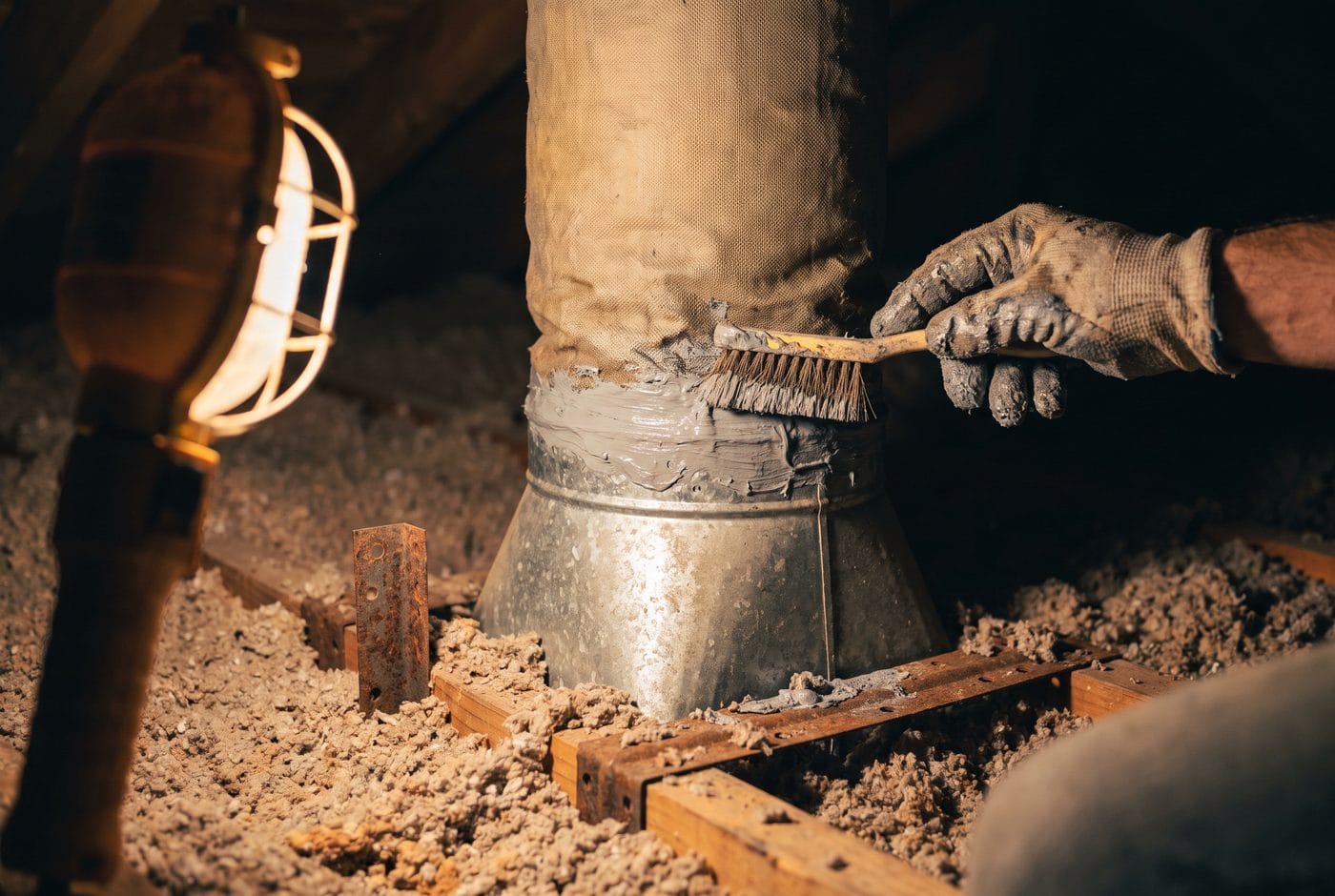 Mastic being brushed onto a duct boot connection in an attic.
