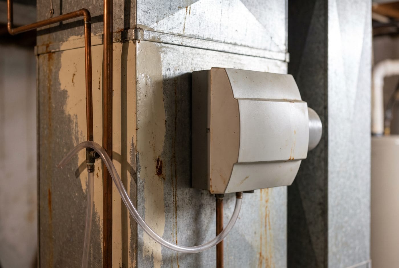 A bypass humidifier mounted on supply ductwork with its water line and drain run neatly.