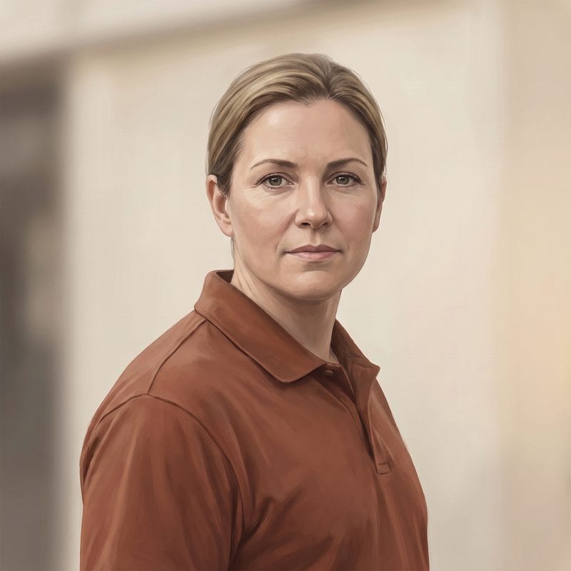 Illustrated portrait of the operations lead, a woman in her forties at a desk.