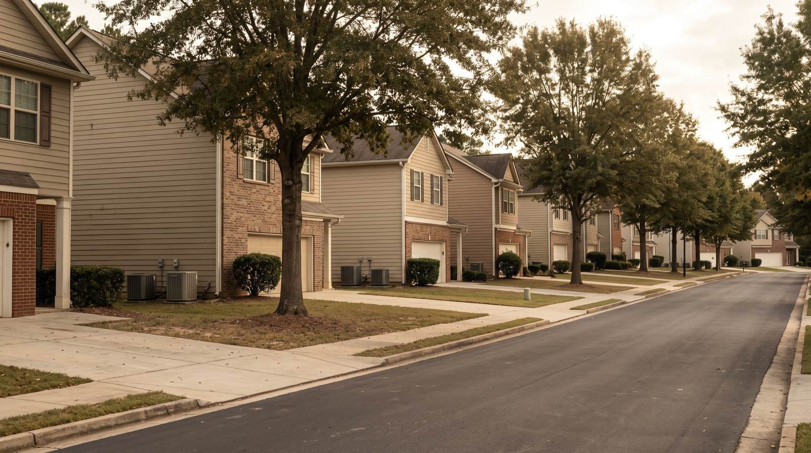 A subdivision street built in one go in the early 2000s, with a matching outdoor unit at the side of every house.
